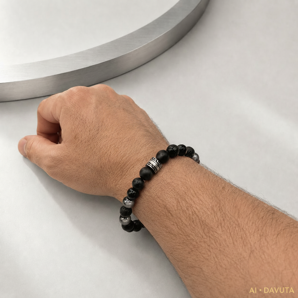 Herren Armband Onyx Lava Hämatit Edelstahl am Arm by DAVUTA