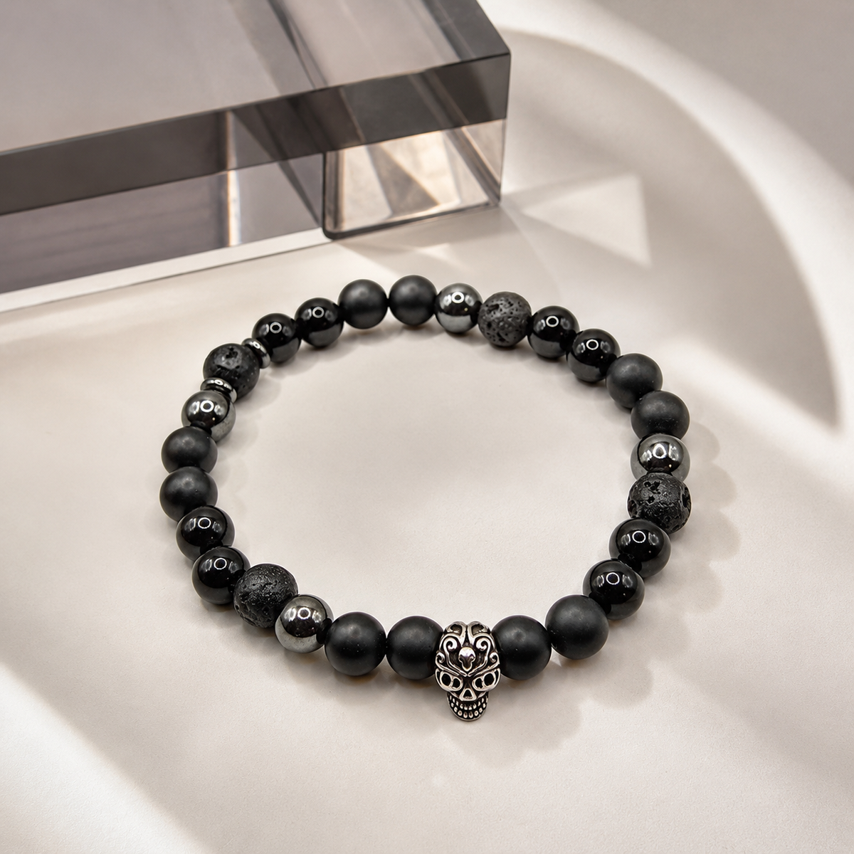 Herren Armband Onyx Lava Hämatit Totenkopf  Edelstahl by DAVUTA