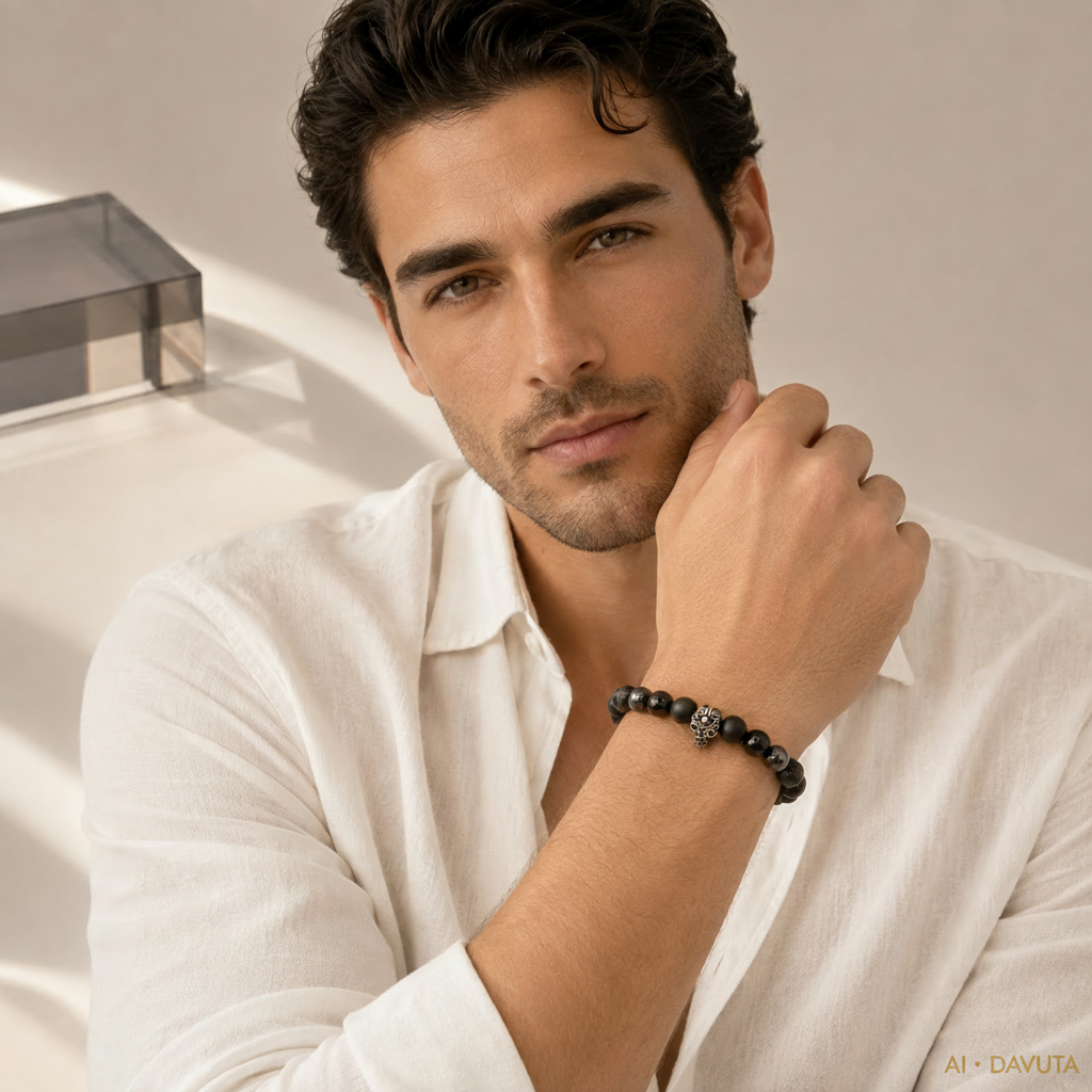 Herren Armband Onyx Lava Hämatit Totenkopf am Model by DAVUTA