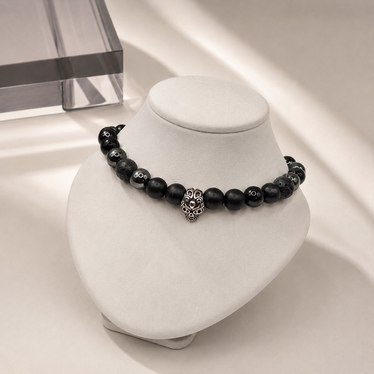 Herren Armband Onyx Lava Hämatit Totenkopf an Büste