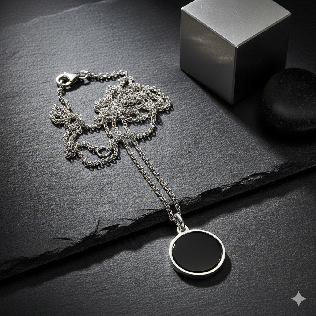 Herren Kette Silber 55 cm mit rundem Onyx Anhänger