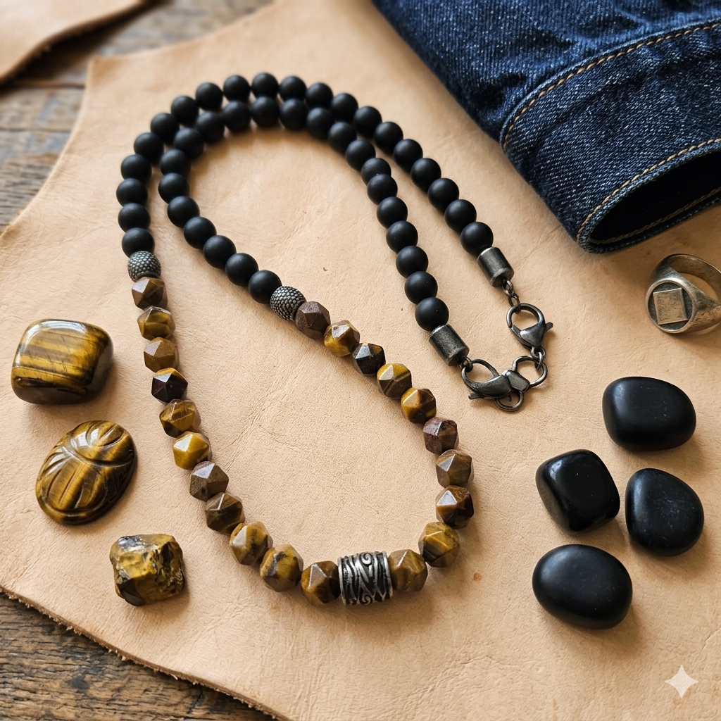 Herren Kette Achat Tigerauge und Edelstahl by DAVUTA