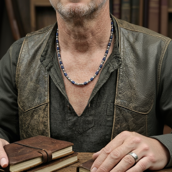 Herren Kette Edelstahl Labradort und blaue Steine by DAVUTA