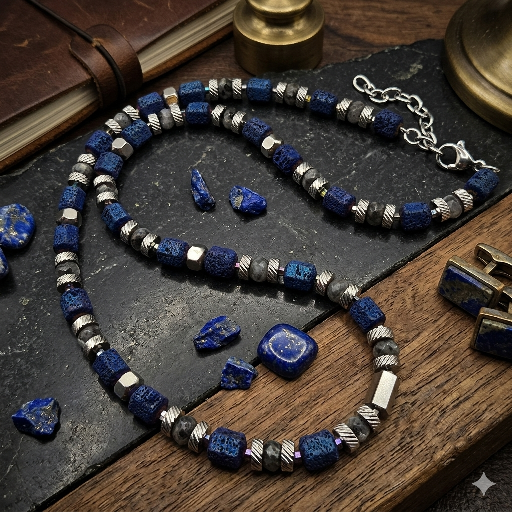 Herren Kette Edelstahl mit blauen Steinen und Labradorit by DAVUTA