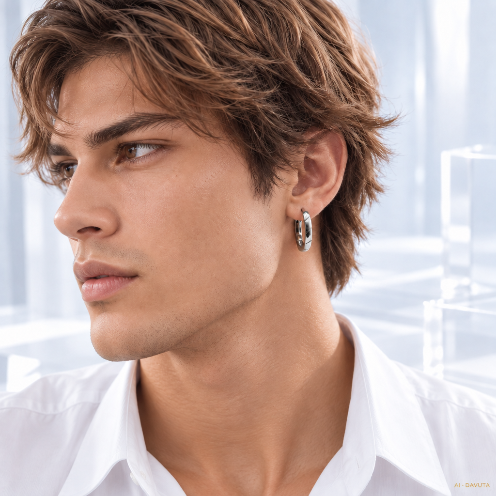 Herren Ohrringe Creole Titan silbern DAVUTA am Model
