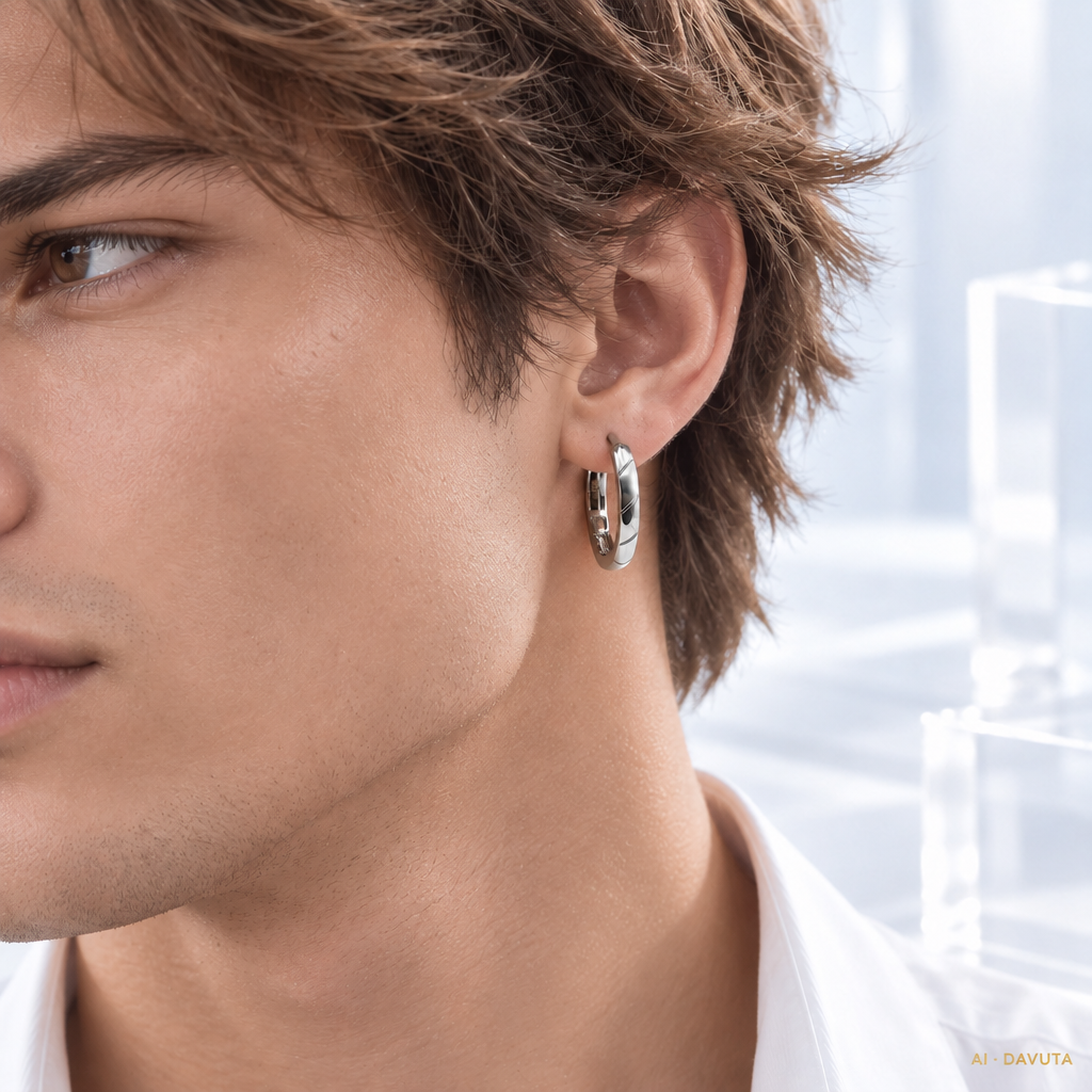Herren Ohrringe Creole Titan silbern DAVUTA am Model close up
