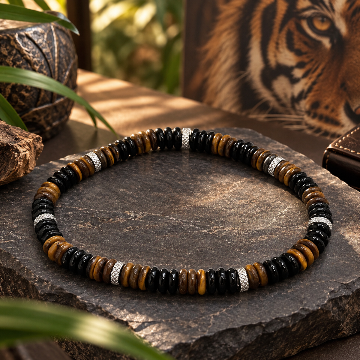 Herrenarmband aus Onyx und Tigerauge mit Edelstahl DAVUTA