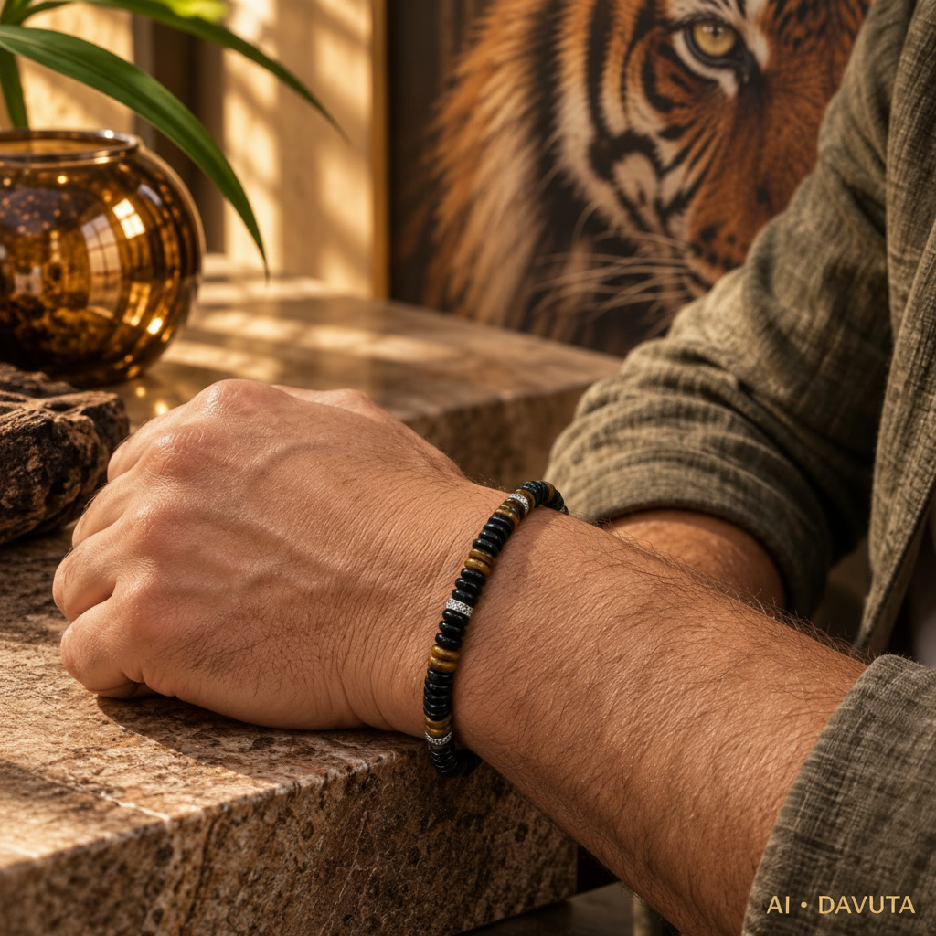 Herrenarmband aus Onyx und Tigerauge mit Edelstahl DAVUTA am Arm