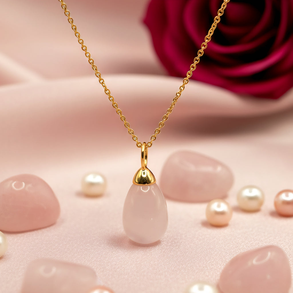 Kette Anhänger vergoldet Rosenquarz Tropfen