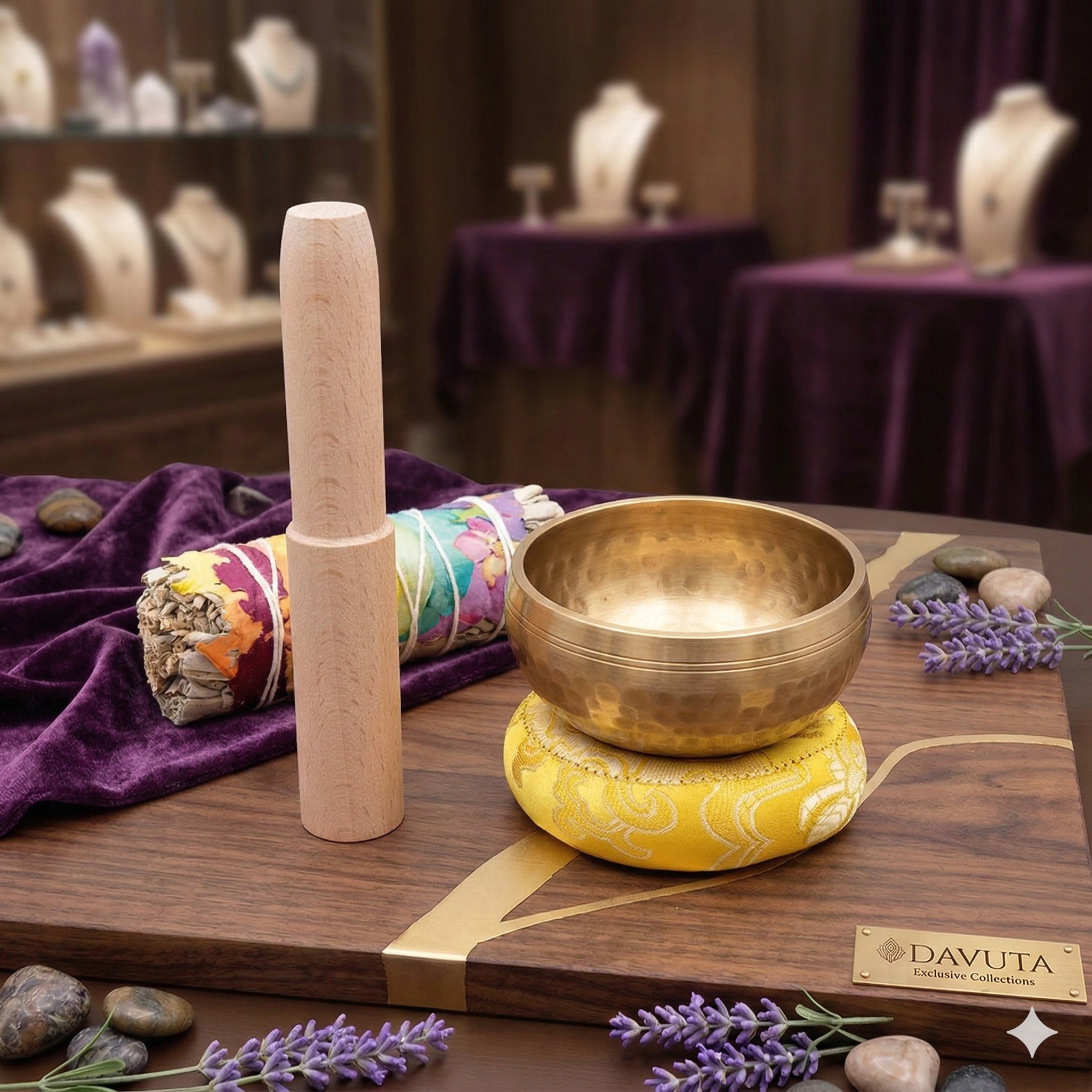 Klangschale mit gelben Kissen und Stab bei AVUTA