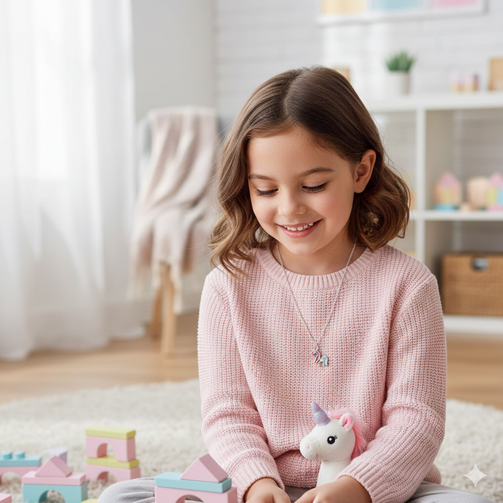 Mädchen mit Kinderkette Einhorn bunt