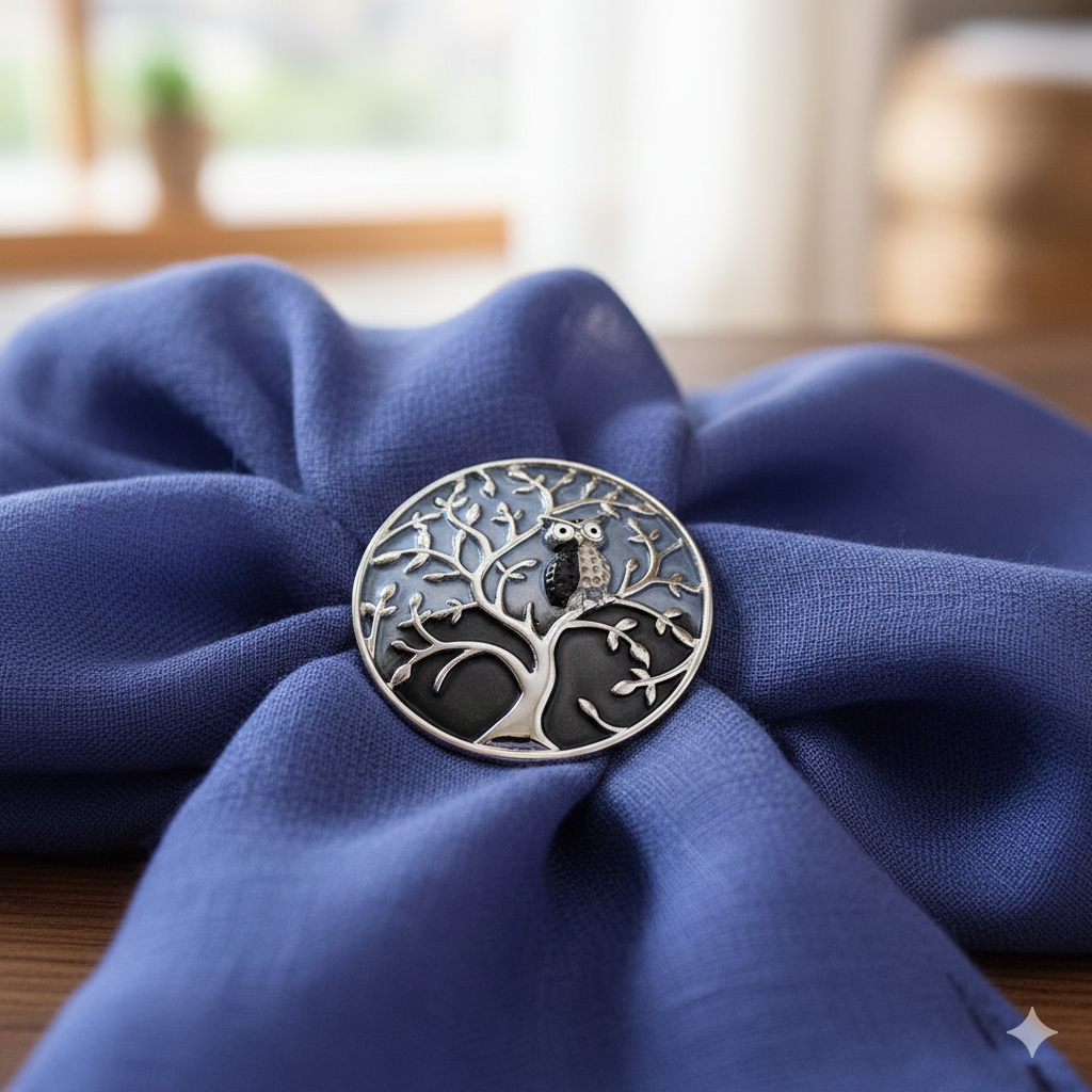 Magnet Brosche Kreis mit Baum und Eule versilber in grau