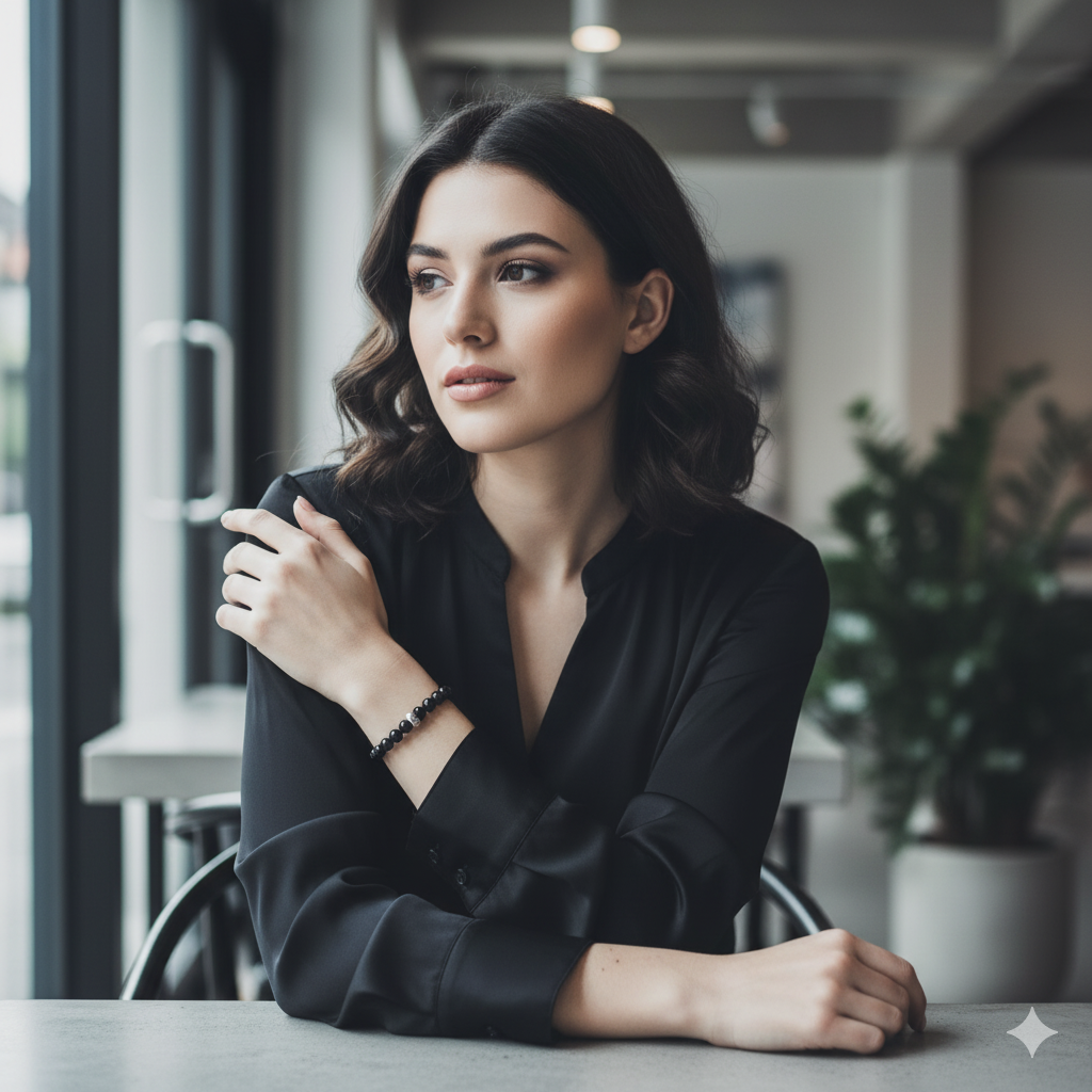 Model mit Armband aus Achatperlen Heide Heinzendorff by DAVUTA