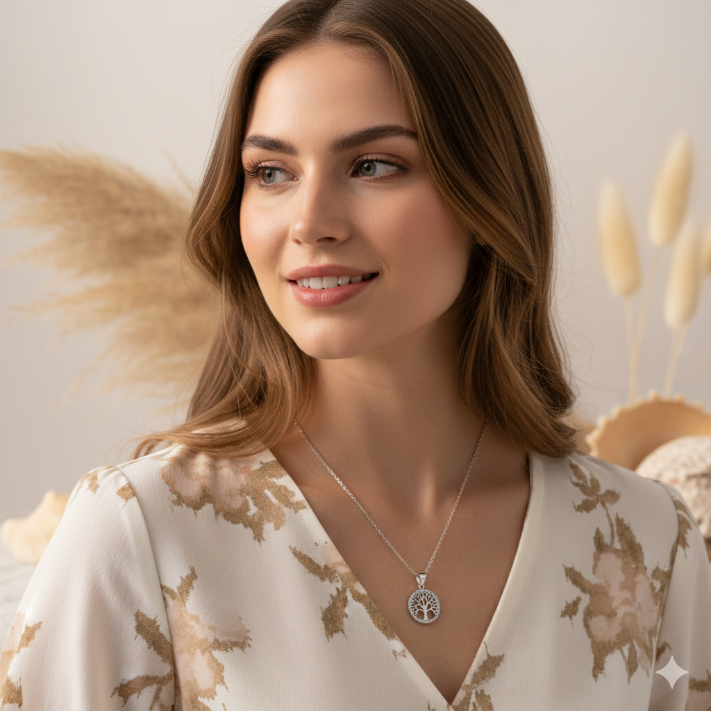 Model mit Kette Baum des Lebens in Silber und Zirkonia