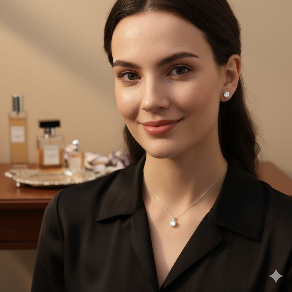 Model mit Anhänger und Ohrstecker Set in Silber und Edelstein Bergkristall rund facettiert by DAVUTA