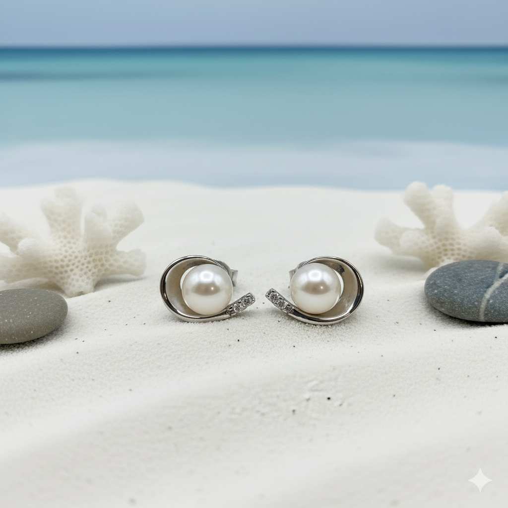 Ohrringe Stecker Silber mit Perle liegen im Sand