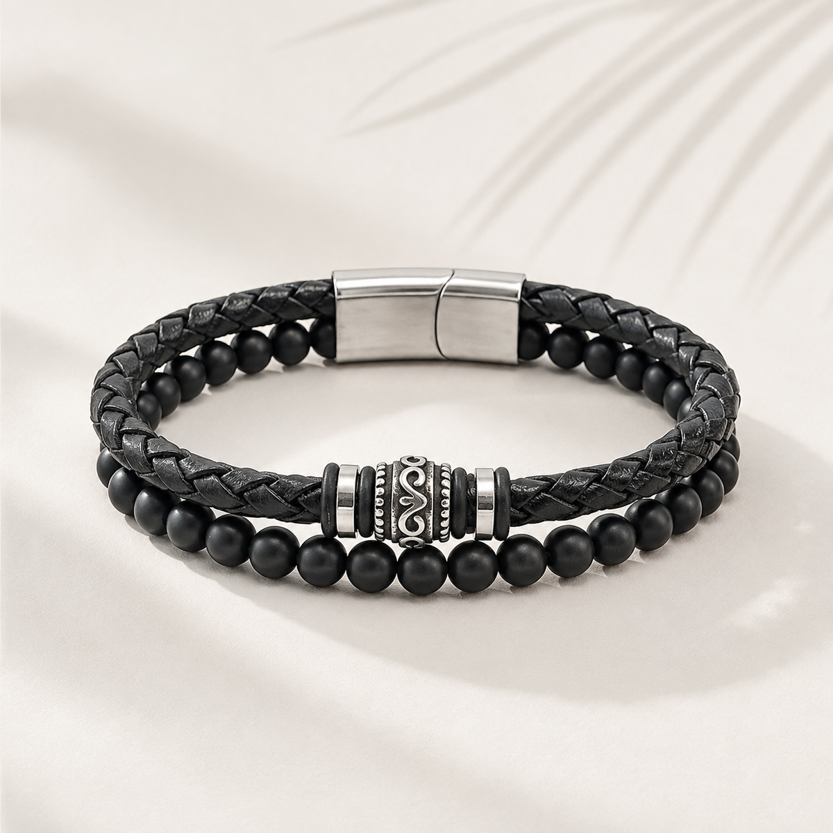 Onyx Herrenarmband Leder und Edelstahl by DAVUTA