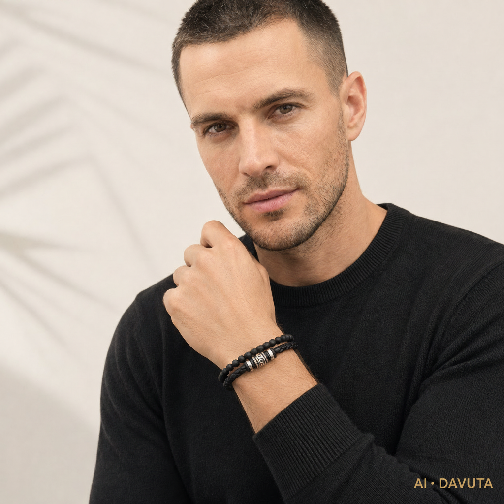 Onyx Herrenarmband Leder und Edelstahl am Model by DAVUTA