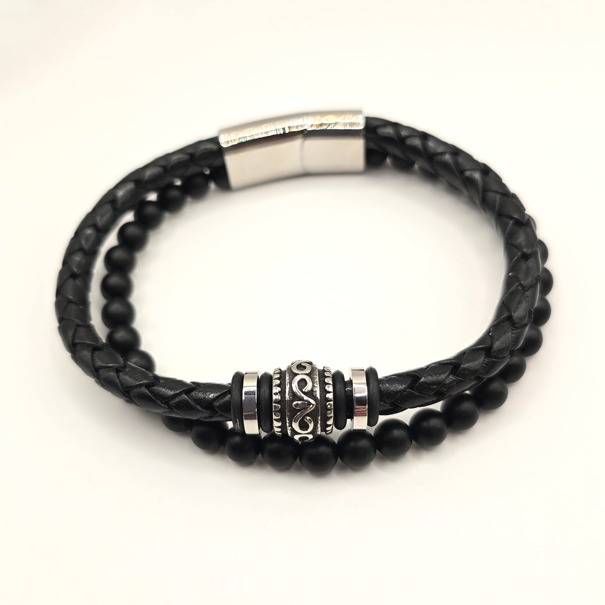 Onyx Herrenarmband Leder und Edelstahl clean