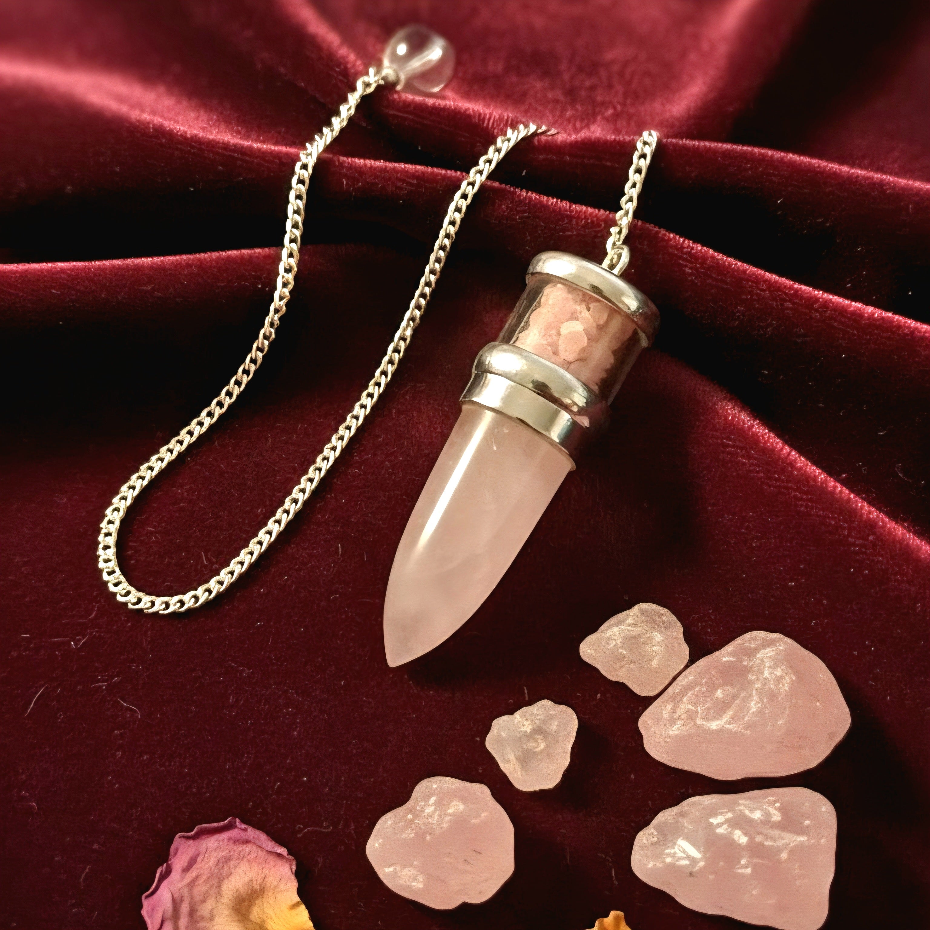 Pendel mit Rosenquarz und Rhodocrosit in Filled Tube und Silberkette