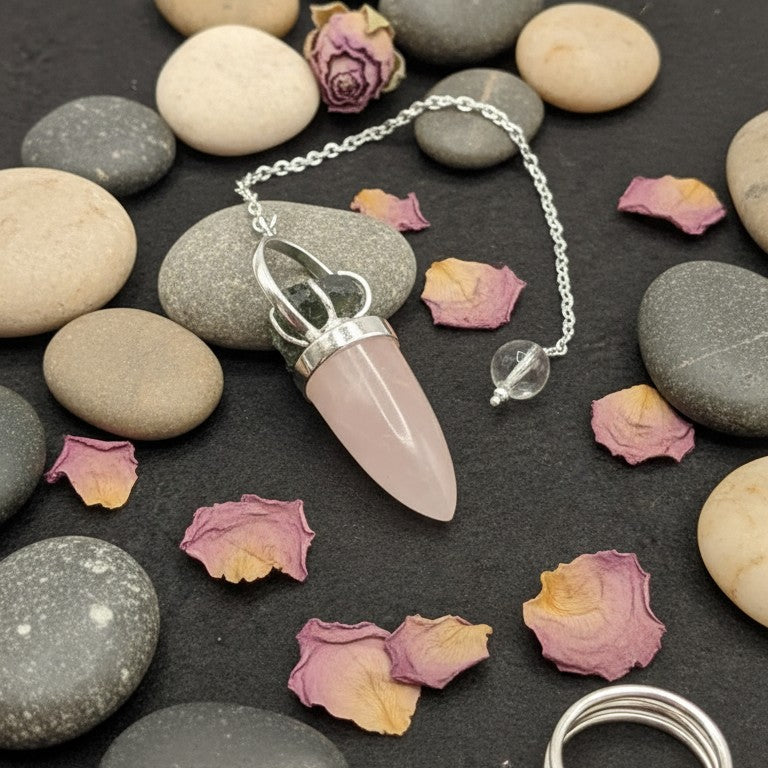 Pendel mit Rosenquarz und Moldavit mit Silberkette