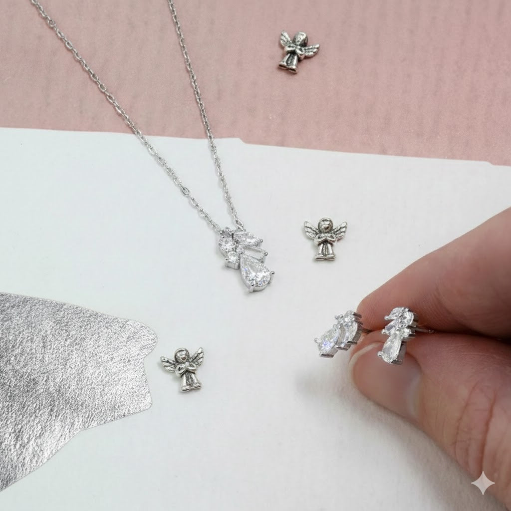 Damen Schmuckset Kette + Ohrstecker Engel / Angelo Piccolo / 925er Silber / Zirkonia