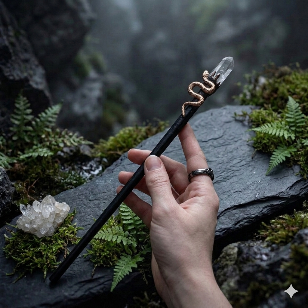 Ritualstab mit Bergristall und Schlange in Hand by DAVUTA