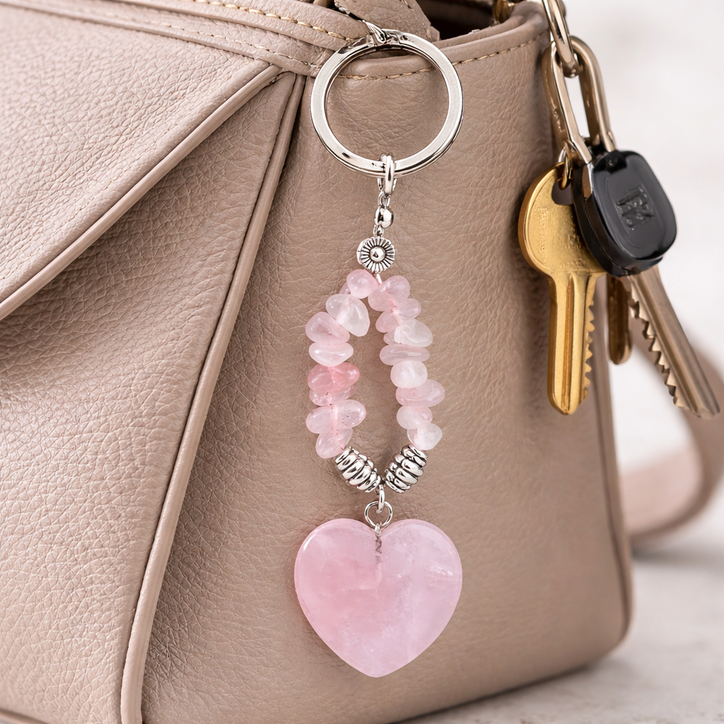 Schlüsselanhänger Rosenquarz Herz mit Schmuckelement by DAVUTA