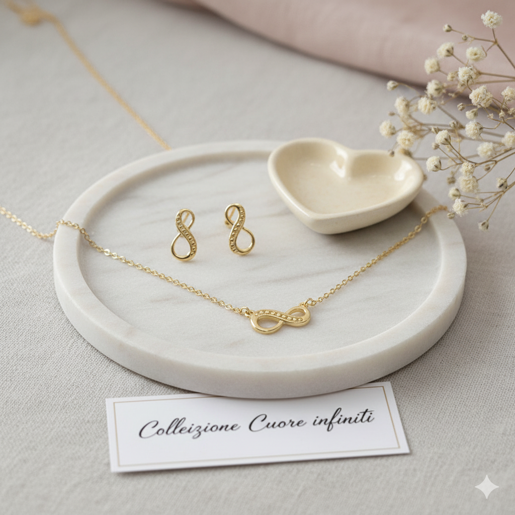 Vergoldetes Set Infinity Kette und Ohrstecker auf Marmorplatte