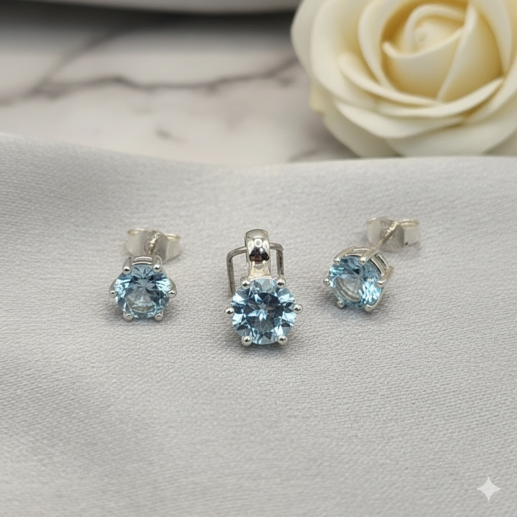 Damen Set Anhänger und Ohrstecker Silber mit Blau Topas 