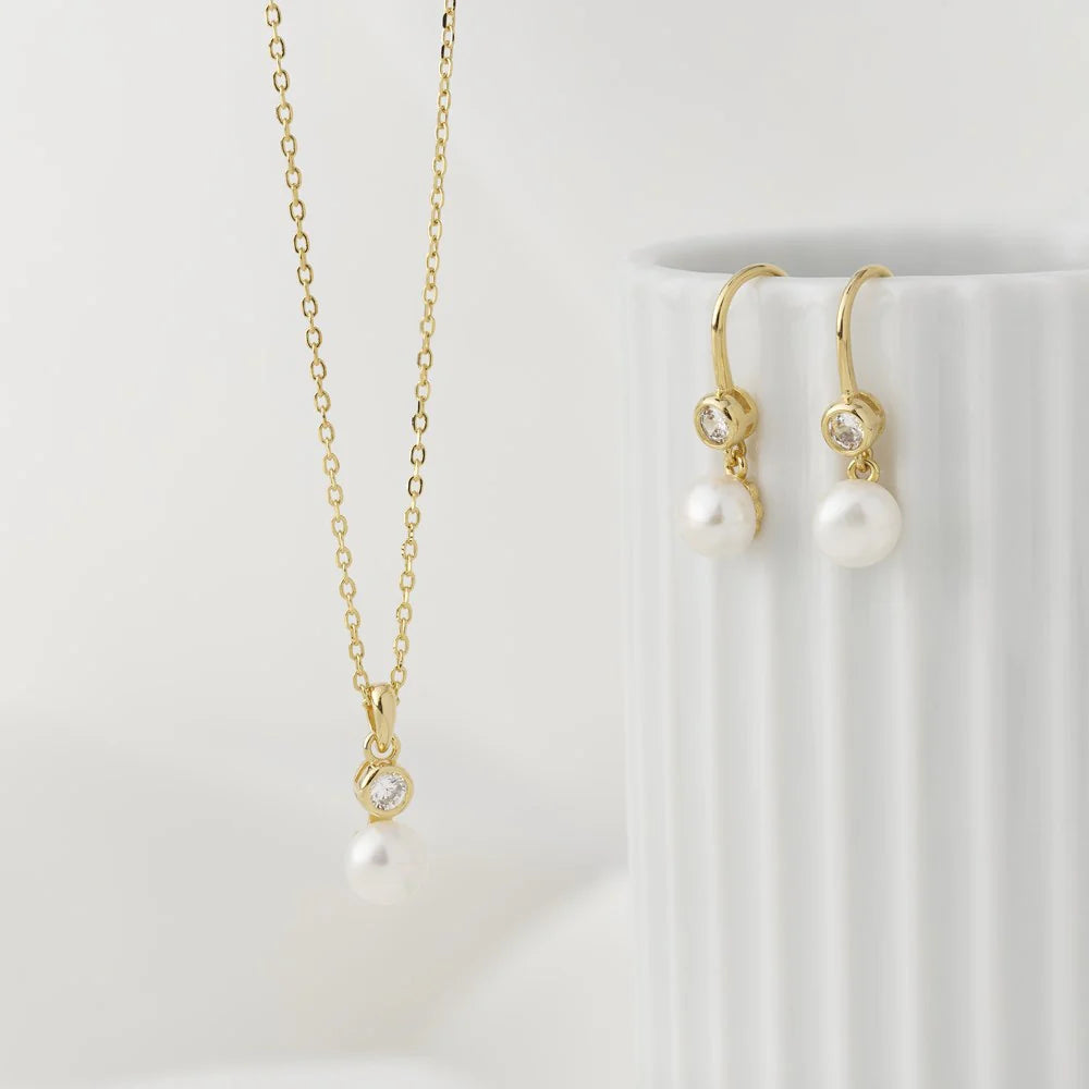 Damen Schmuck-Set Perle / Perla Serena / 925er Silber 8 K vergoldet / Zirkonia / Serie Nominor