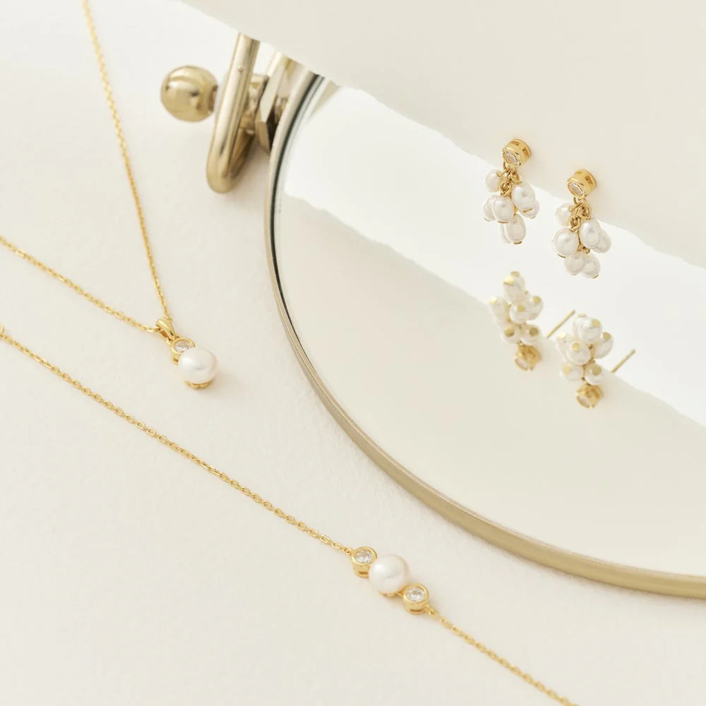 Damen Schmuck-Set Perle / Perla Serena / 925er Silber 8 K vergoldet / Zirkonia / Serie Nominor