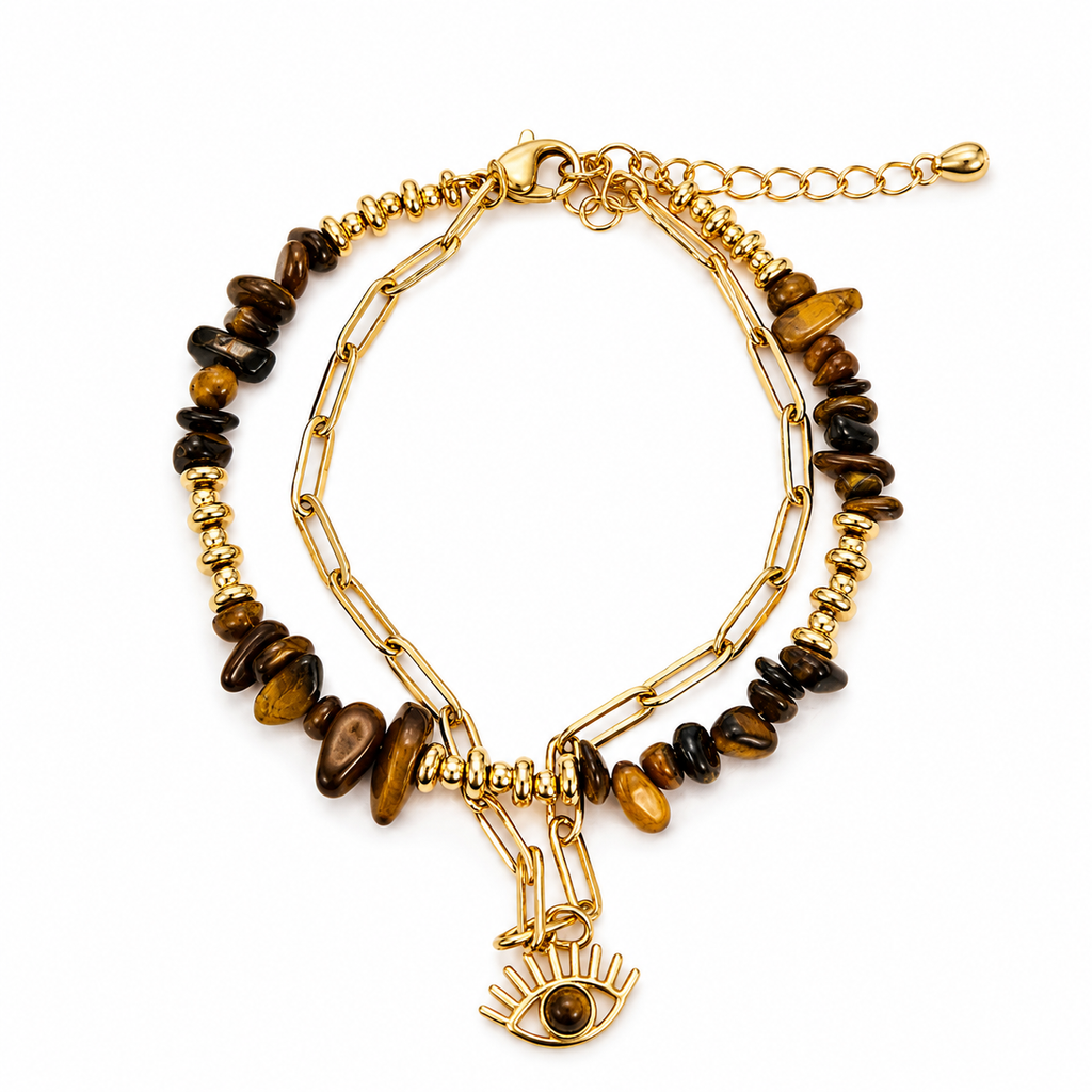 Damen Armband / Occhio d'Oro / Tigerauge / Edelstahl / Stark Schutz