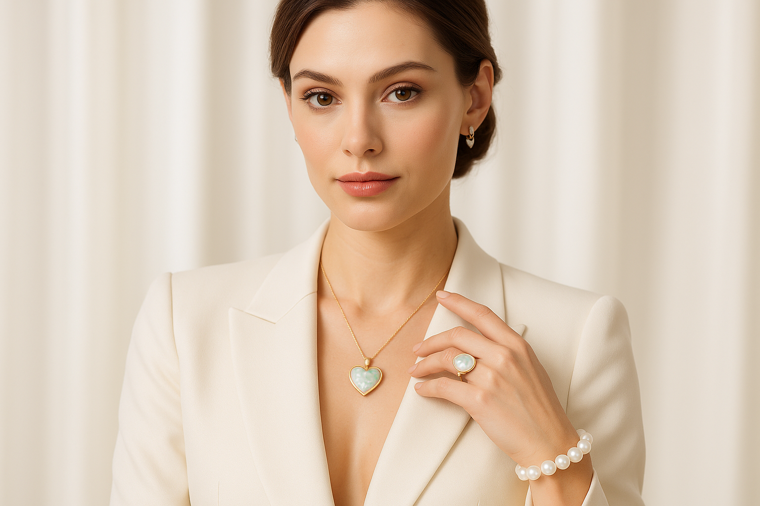 ein Modell, man sieht auch das Gesicht, präsentiert sehr edel gekleidet eine Herzkette mit Opal und ein weißes Perlmuttkugelarmband, sowie einen passenden Ring in heller Umgebung