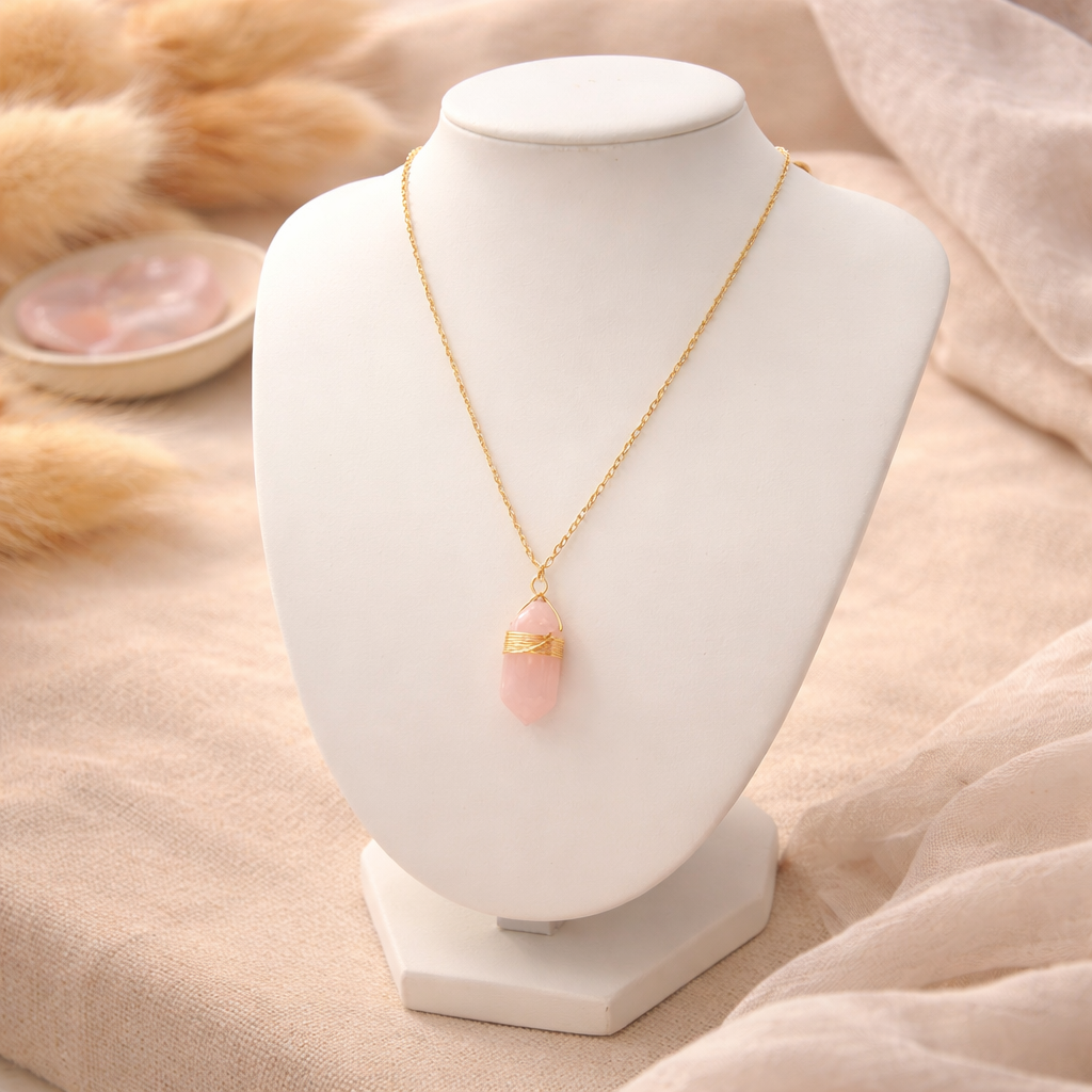 Damen Kette mit Anhänger / Boho Piccolo Cristallo / Edelstahl / Rosenquarz / edel feminin