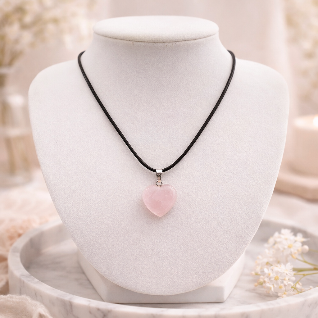 Damen Kette mit Anhänger No. 2 / Cuore Rosa / Rosenquarz / Kunstlederband