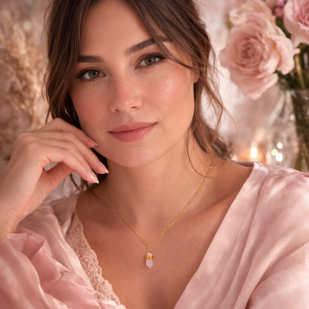 Damen Kette mit Anhänger / Boho Piccolo Cristallo / Edelstahl / Rosenquarz / edel feminin