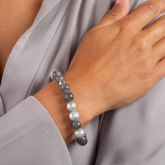 Damen Armband Edelstein / "Nebbia Elegante" / Süßwasserperle + Rutilquarz / Silberdetail