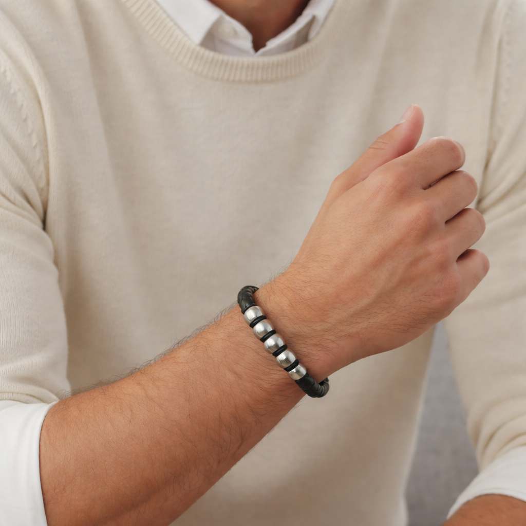 Herren Armband  / Bracciale Uomo / Leder/Edelstahl 21 cm / kraftvoll