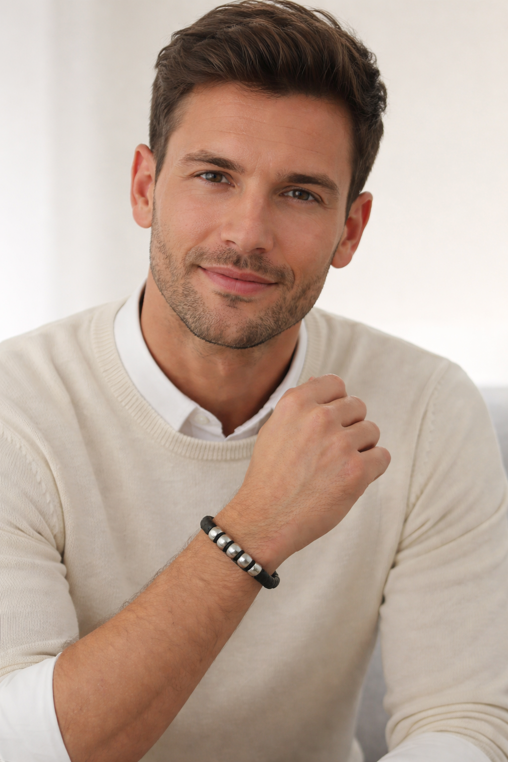 Herren Armband  / Bracciale Uomo / Leder/Edelstahl 21 cm / kraftvoll